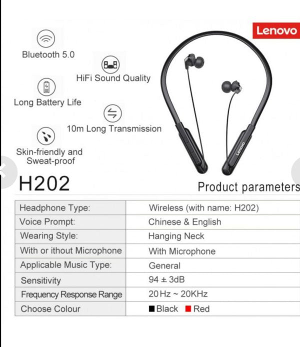 Headphone Bluetooth/sport In-ear Stereo H202 Lenovo