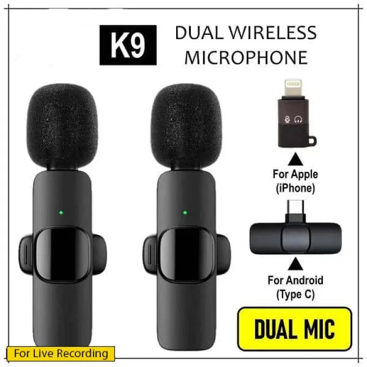 K9 Dual Microphone Mic Plug & Play Usb Type C & Ios Connector Wireless Lavalier Microphone