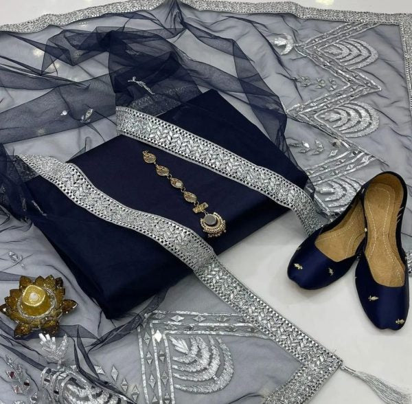 4 Pcs Qattan Unstitch Silk Suit With Khussa